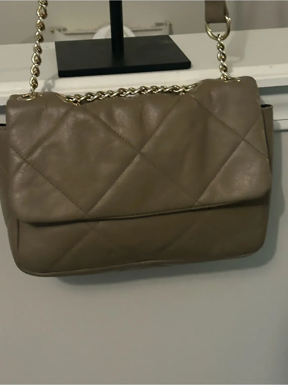 Anna Paola Italian Quilted Leather Flap Shoulder Bag – Taupe / Gold Chain